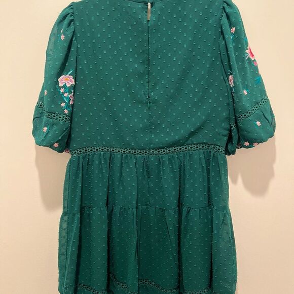 ASOS Design Petite High Neck Textured Embroidered Mini Dress w/ Lace Trims Green - Picture 7 of 11